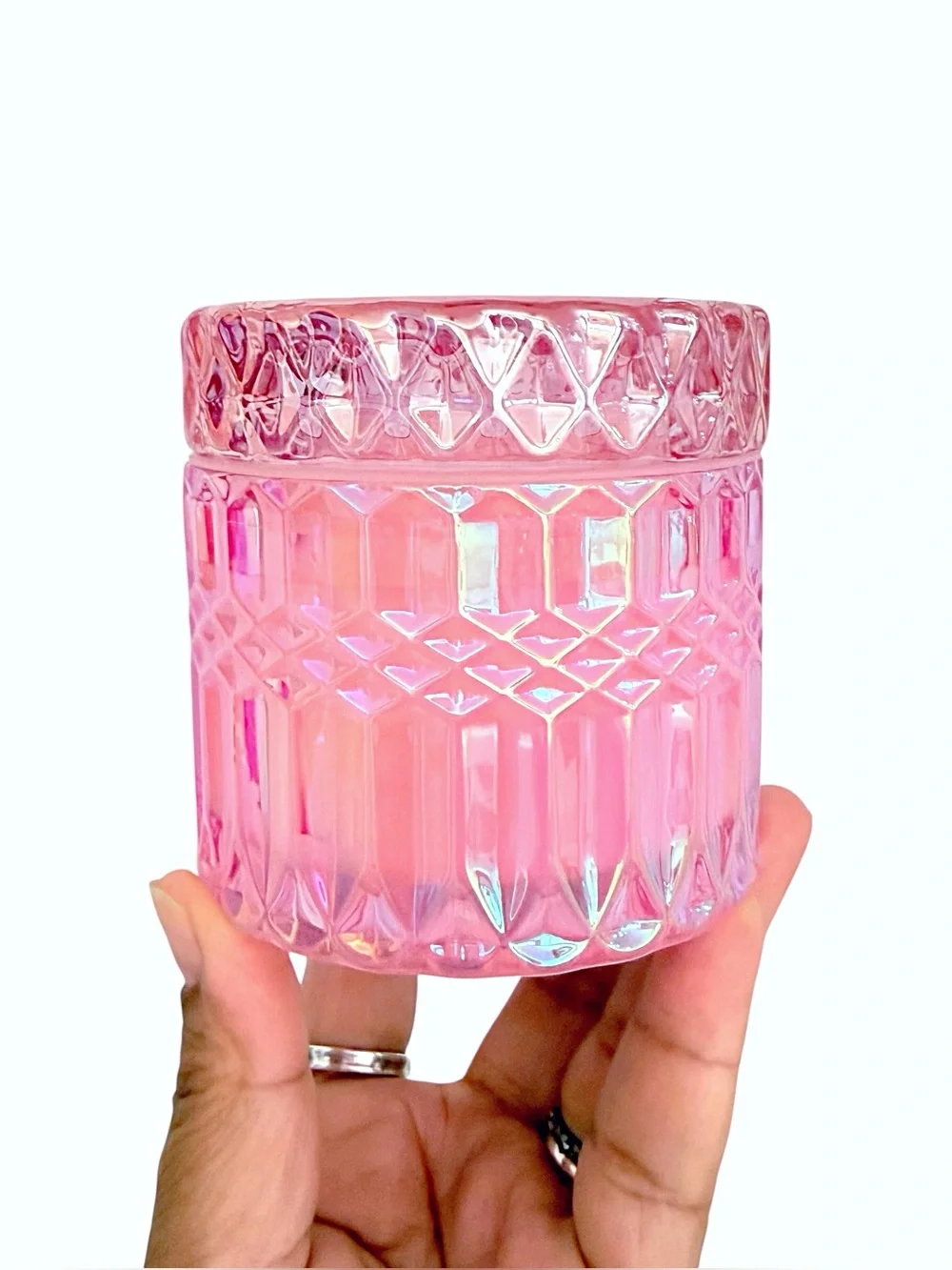 Leoben Company Guava Blossom Scented Candle Iridescent Pink Cut Glass Jar w/ Lid